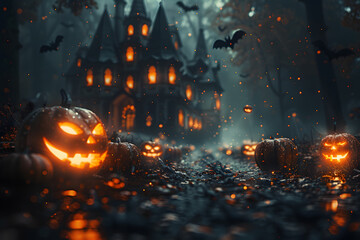The spooky spirit of Eerie Halloween background with Castel, haunted houses, glowing jack-o'-lanterns, bats, and eerie ghosts. This mysterious scary scene of Halloween pumpkin theme at dark night.