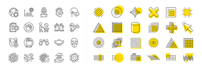 Medical mask, washing hands hygiene, protective glasses. Design shape elements. Coronavirus line icons. Stay home, hands sanitizer, coronavirus epidemic mask icons. Vector