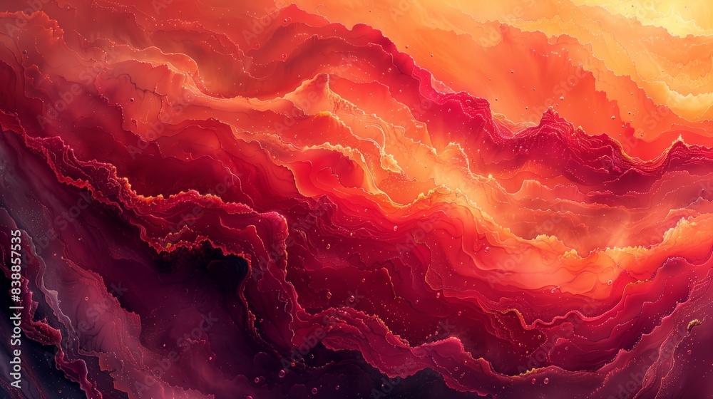 Poster fluid art in red and orange colors with swirling patterns and dynamic movement.