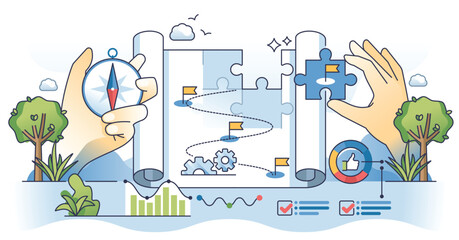 Obraz premium Data governance strategy with precise process planning outline hands concept. Information management, regulation and effective organization for safe information storage or usage vector illustration