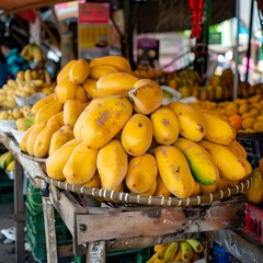fruit mangoes at the market on dark background Generative AI