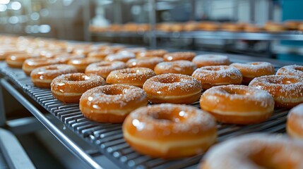 Detailed shot of snacks on a production line, capturing the advanced technology and hygiene in a modern food plant