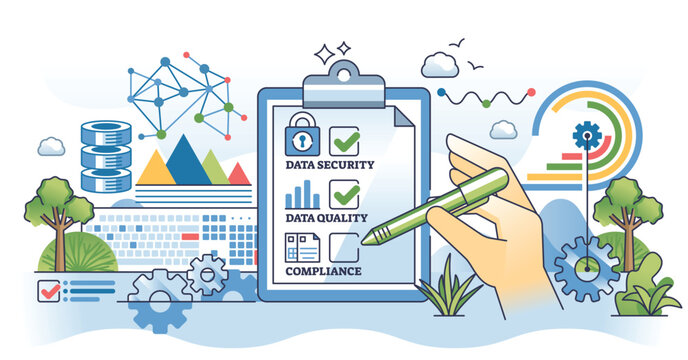 Data governance best practices for file security outline hands concept. Secured information with high data quality and compliance check to ensure safe standards for info storage vector illustration.