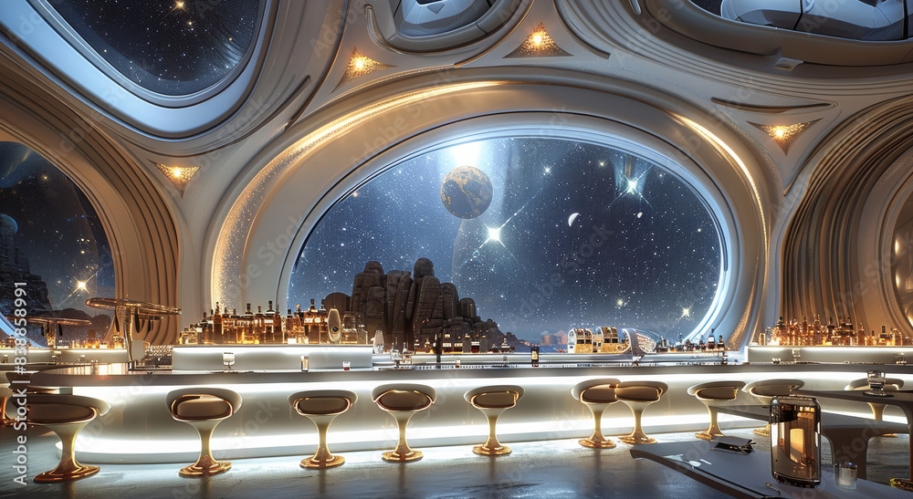 Poster a luxury resort bar and lounge in outer space. generative ai.