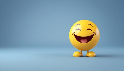 Smiley face on a blue background with copy space for text. Joyful yellow ball emoticon representing happiness and smiling expression.