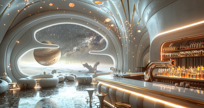 A luxury resort bar and lounge in outer space. Generative AI.