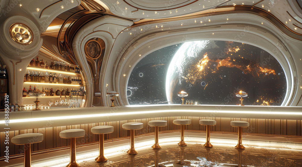 Aufkleber a luxury resort bar and lounge in outer space. generative ai.