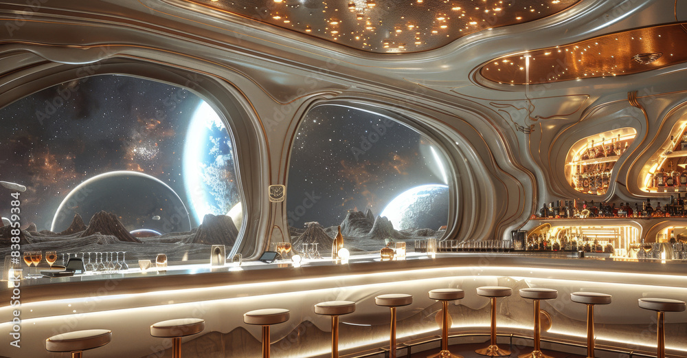 Poster a luxury resort bar and lounge in outer space. generative ai.
