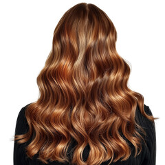 Fototapeta premium Portrait of a girl with shinny balayage curly long hair. Back view. Isolated on white background.