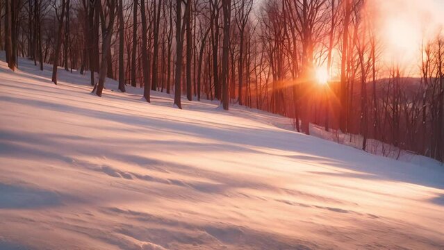 A snowy landscape with bare trees and a setting sun casting warm light and long shadows