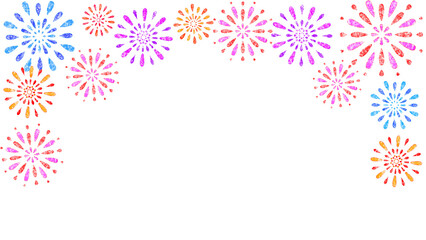 花火の和フレーム　和風　和柄　素材　飾り　枠　抽象的　キラキラ　おしゃれ　シンプル　打ち上げ花火　花火大会　風物詩　フェス　暑中見舞い　お中元　見出し　白背景　白バック　透過　16:9