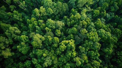 Naklejka premium Dense aerial view of vibrant green forest canopy. Environmental conservation and nature concept. Design for poster, banner, and environmental campaigns. Aerial view photography with copy space.