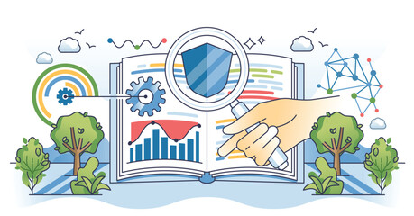 Data governance framework for information protection outline hands concept. File management regulations and privacy solutions vector illustration. Database security standards monitoring.