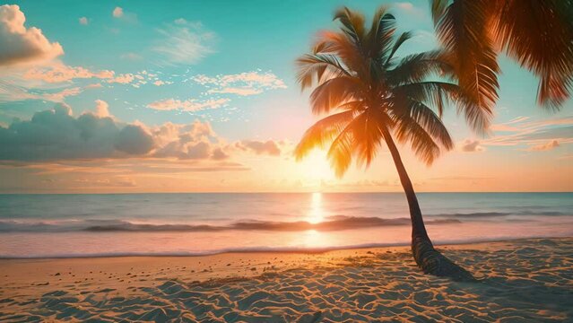 A tropical beach at sunset, framed by palm trees and ocean waves