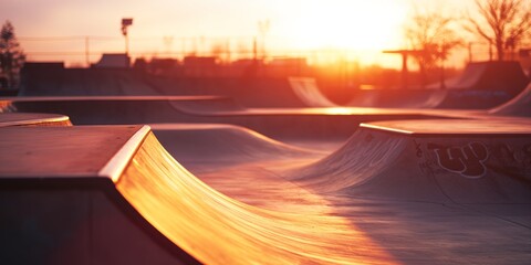 A skate park for an active lifestyle against the backdrop of a vibrant cityscape, under the golden rays of the sun. - Powered by Adobe