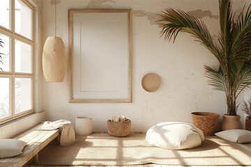 Mockup frame in a boho nomadic interior background with rural decorations