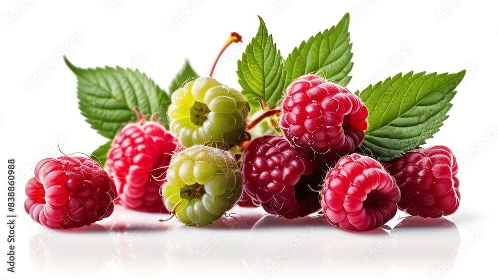 Canvas Prints fresh pile rasberry fruit with leaf isolated on white background