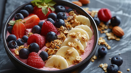 Trendy smoothie bowl filled with a thick, creamy smoothie base and topped with fresh fruits, granola, nuts, and other tasty toppings. Generative AI.