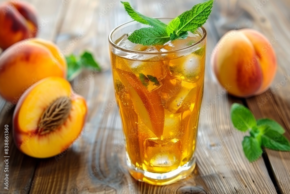 Poster glass of peach iced tea with mint