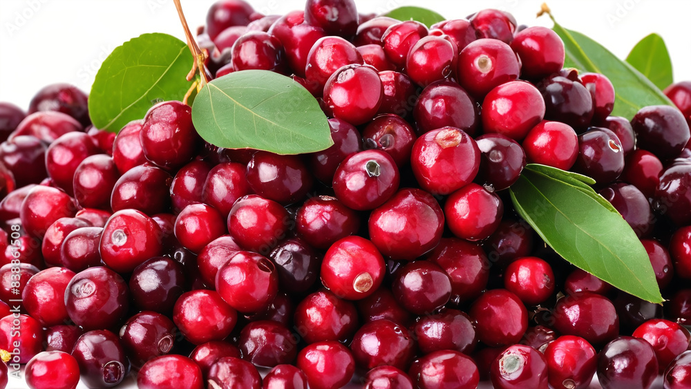 Wall mural fresh pile cranberry fruit with leaf.