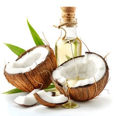 coconut oil and coconut with leaves decorated on white background  Generative AI 