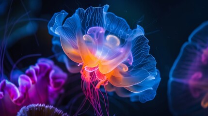 A vibrant jellyfish bloom lighting up the dark ocean depths with its brilliant hues. - Powered by Adobe
