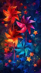 Vibrant abstract pinwheels and stars in a colorful fantasy background, perfect for creative and artistic projects.