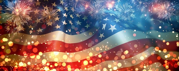 Vibrant American flag with fireworks and festive bokeh lights, celebrating national pride and patriotism. Perfect for Fourth of July themes.