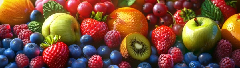 Vibrant assortment of fresh fruits including apples, oranges, strawberries, kiwi, blueberries, grapes, raspberries, and lemons.