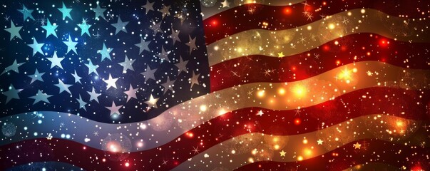 Vibrant American flag with sparkling lights and bokeh effect, symbolizing patriotism and celebration for national events like Independence Day.