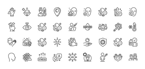 Covid virus, Medical flight and Blood line icons pack. AI, Question and Answer, Map pin icons. Chlorine mineral, Insurance hand, Head web icon. Vector