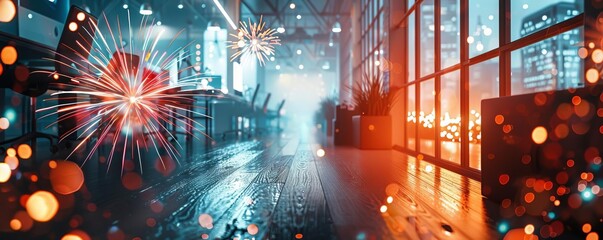 Vibrant cityscape with fireworks and bokeh lights, blending indoors and outdoors in a festive urban setting.