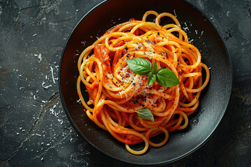 Dark plate with italian spaghetti on dark background with empty copy space