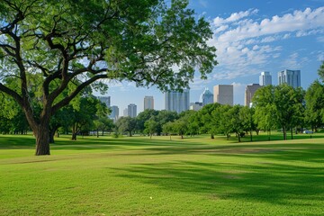 Urban Oasis: Panoramic City Park with Iconic Skyline Backdrop