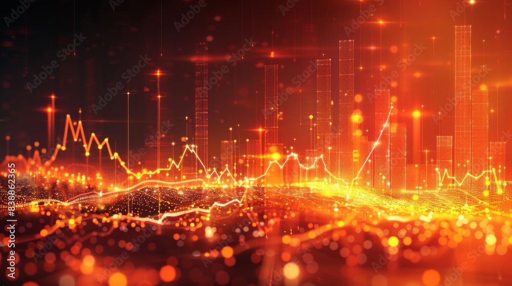 Poster stock market or financial graph and line chart with business background, orange color light. futuris