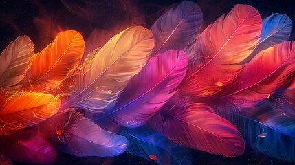 Vibrant glowing feathers in a variety of colors, creating a stunning and mystical visual effect.