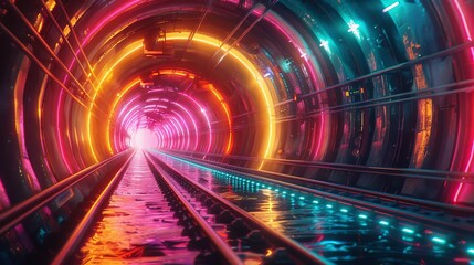 Vibrant neon-lit tunnel with reflective surfaces creating a futuristic atmosphere. Surreal light effects in an urban setting, perfect for modern design.