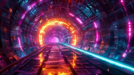Vibrant neon futuristic tunnel with glowing lights. Perfect for sci-fi, technology, and cyberpunk themes. High resolution and colorful design.