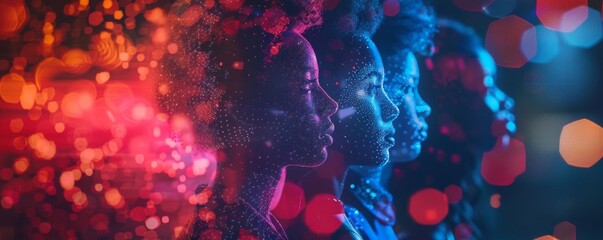 Vibrant profile portraits of diverse women with artistic, colorful lighting and bokeh effect, celebrating diversity and unity.