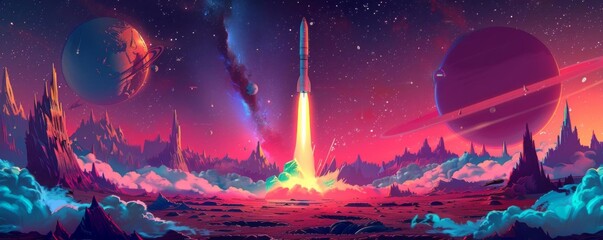 Vibrant sci-fi landscape featuring a rocket launch, alien planet, colorful skies, and mystical terrain with mountains and cosmic elements.