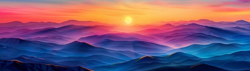 Vibrant sunset over layered mountain range with hues of pink, orange and blue creating a breathtaking landscape view.