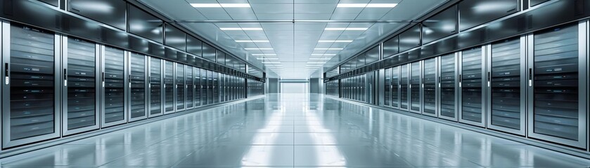 Modern data center with endless rows of server racks, showcasing advanced technology and infrastructure for data storage and management.