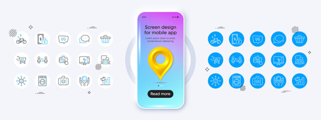 Obraz premium Phone mockup with 3d map pin icon. Employee hand, Survey check and Shopping cart line icons. Pack of Touch screen, Growth chart, E-bike icon. Vector