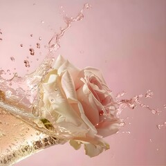 pink rose with water splashes on pink background Generative AI 