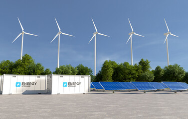 Energy storage systems with wind turbines and solar farms, Green alternative energy, Net zero emissions concept. 3D illustration