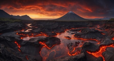 Fototapeta premium Gloomy landscape with volcanic lava, dark sky and a tall mountain in the distance