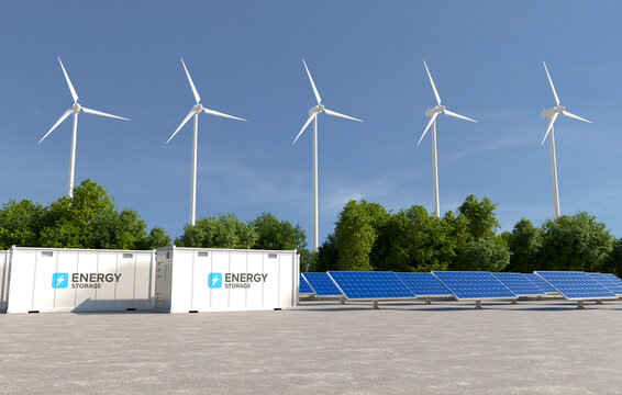 Energy storage systems with wind turbines and solar farms, Green alternative energy, Net zero emissions concept. 3D illustration