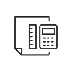 Calculations, linear icon. A piece of paper and a calculator with a ruler. Line with editable stroke