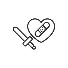 The wounded heart, linear icon. The psychology of relationships. Toxic relationships. The sword and the heart with a band-aid. Line with editable stroke