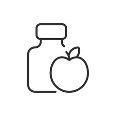 Vitamins and supplements, linear icon. A jar of pills and an apple. Line with editable stroke